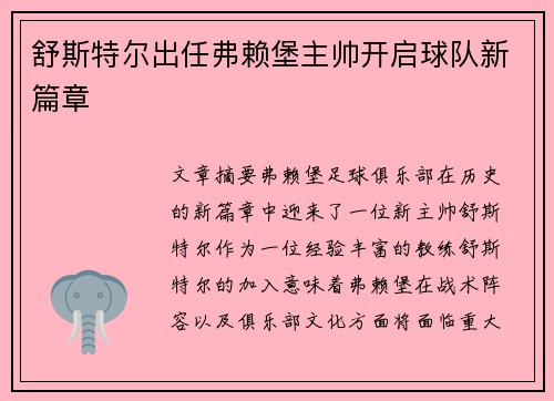 舒斯特尔出任弗赖堡主帅开启球队新篇章